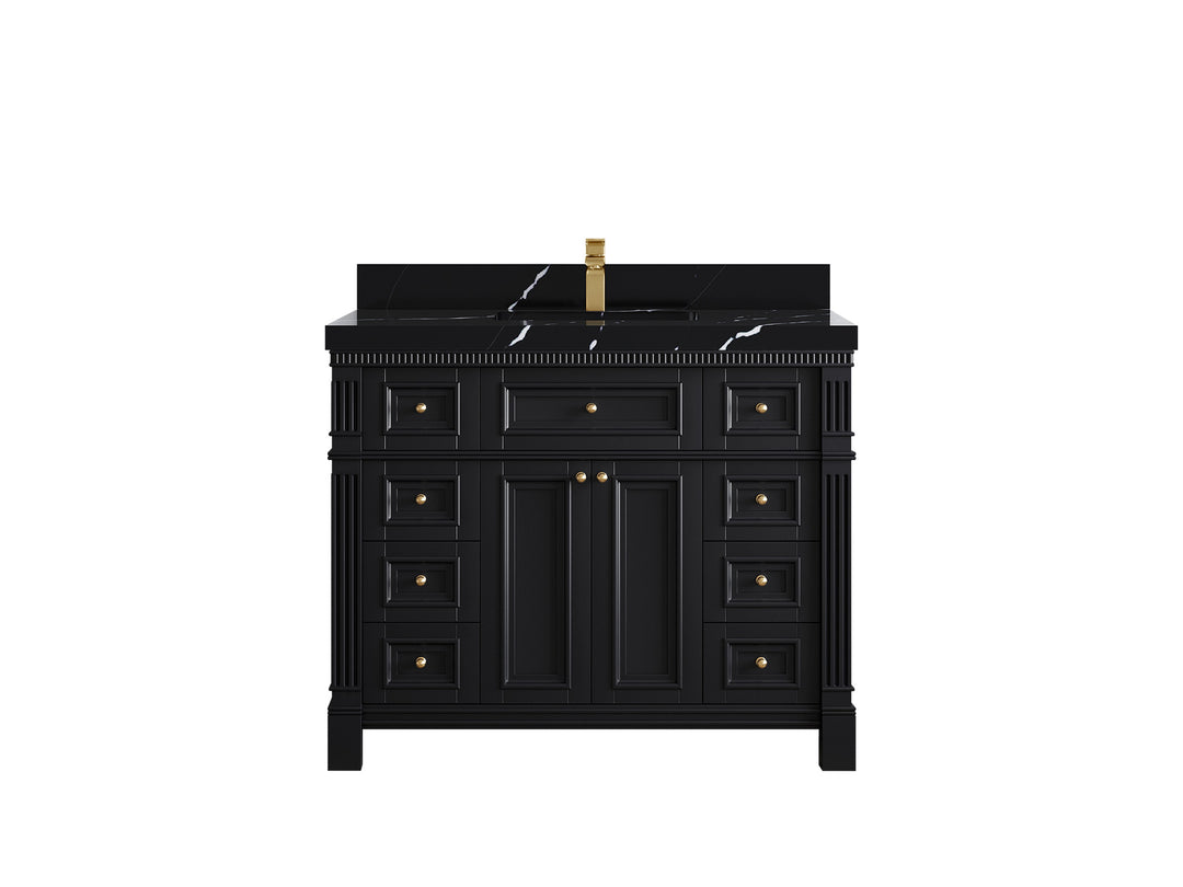 Paris 42 in. W x 22 in. D Single Sink Bathroom Vanity in Black with 2 in Calacatta Black Quartz Countertop