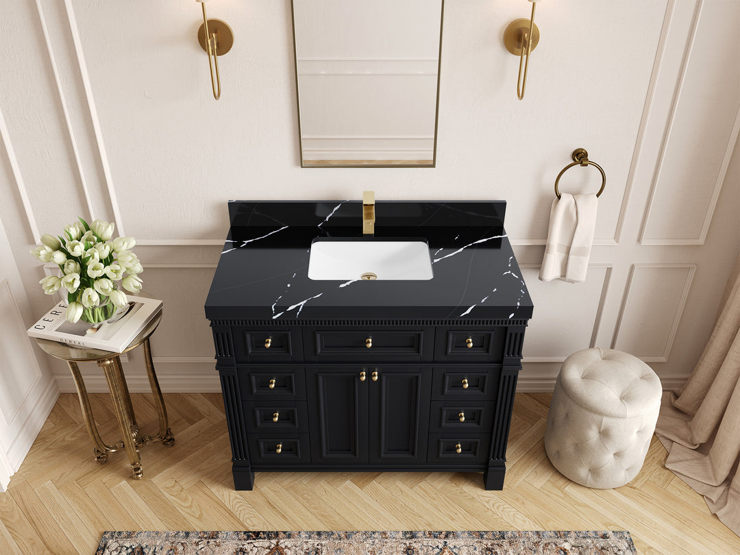Paris 42 in. W x 22 in. D Single Sink Bathroom Vanity in Black with 2 in Calacatta Black Quartz Countertop – Top View