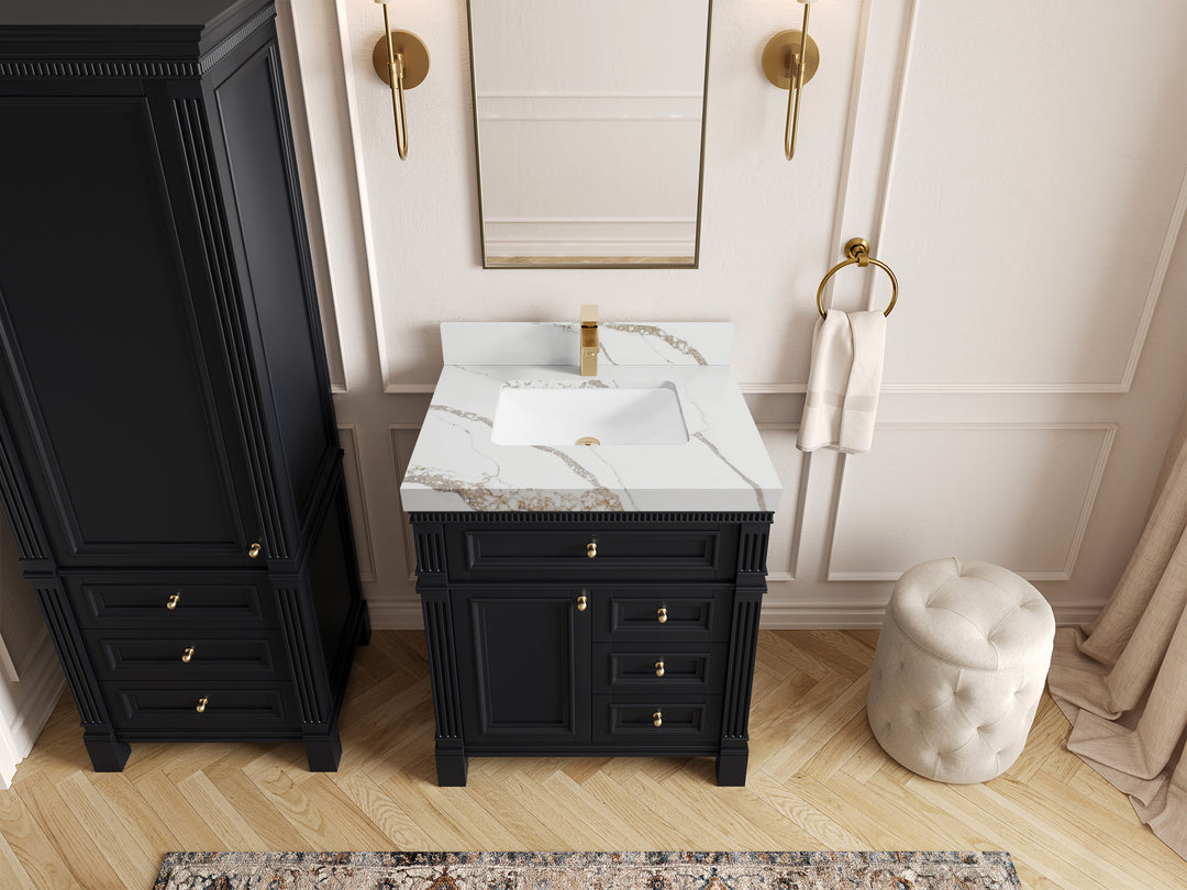 Paris 30 in. W x 22 in. D Single Sink Bathroom Vanity in Black  with 2 in Calacatta Gold Quartz Countertop – Top View