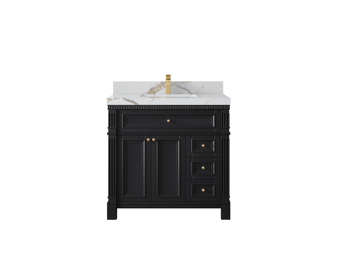 Paris 36 in. W x 22 in. D  Center  Sink Bathroom Vanity in Black with 2 in Calacatta Gold Quartz Countertop