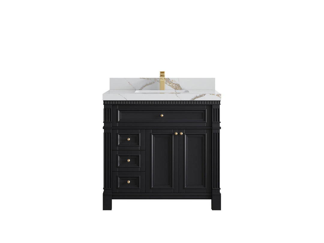 Paris 36 in. W x 22 in. D  Center  Sink Bathroom Vanity in Black with 2 in Calacatta Gold Quartz Countertop