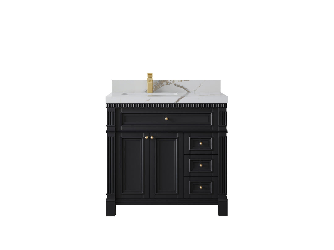 Paris 36 in. W x 22 in. D  Left Offset  Sink Bathroom Vanity in Black with 2 in Calacatta Gold Quartz Countertop