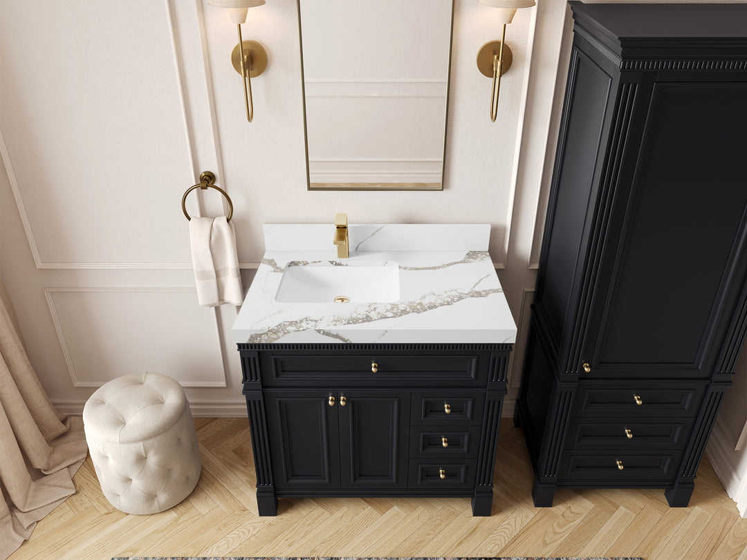 Paris 36 in. W x 22 in. D Left Offset Sink Bathroom Vanity in Black with 2 in Calacatta Gold Quartz Countertop – Top View
