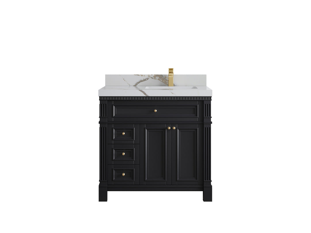 Paris 36 in. W x 22 in. D  Right  Offset  Sink Bathroom Vanity in Black   with 2 in Calacatta Gold Quartz Countertop