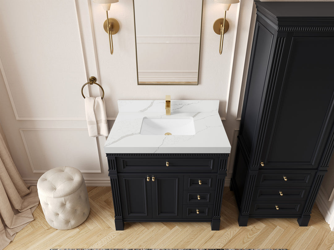 Paris 36 in. W x 22 in. D Center Sink Bathroom Vanity in Black with 2 in Calacatta Laza Quartz Countertop – Top View