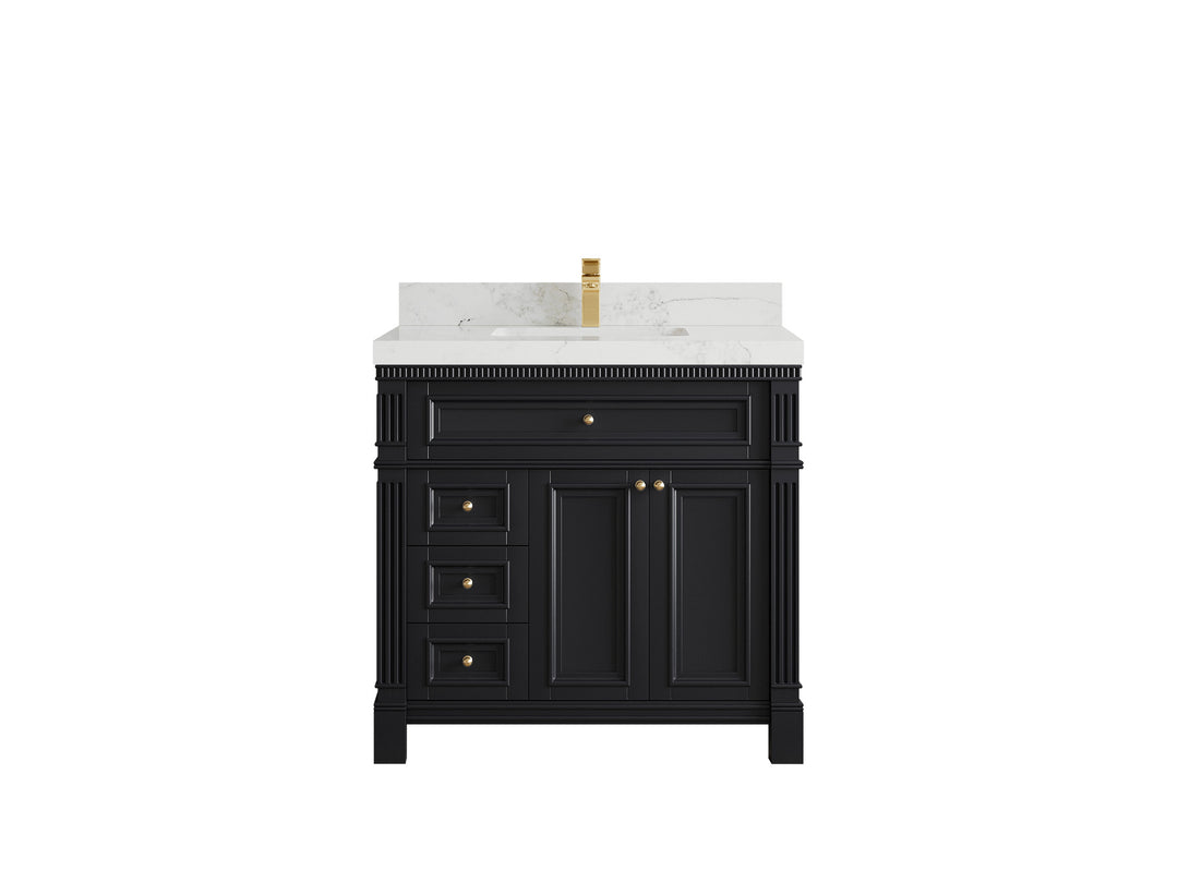 Paris 36 in. W x 22 in. D Center Sink Bathroom Vanity in Black with 2 in Calacatta Nuvo Quartz Countertop
