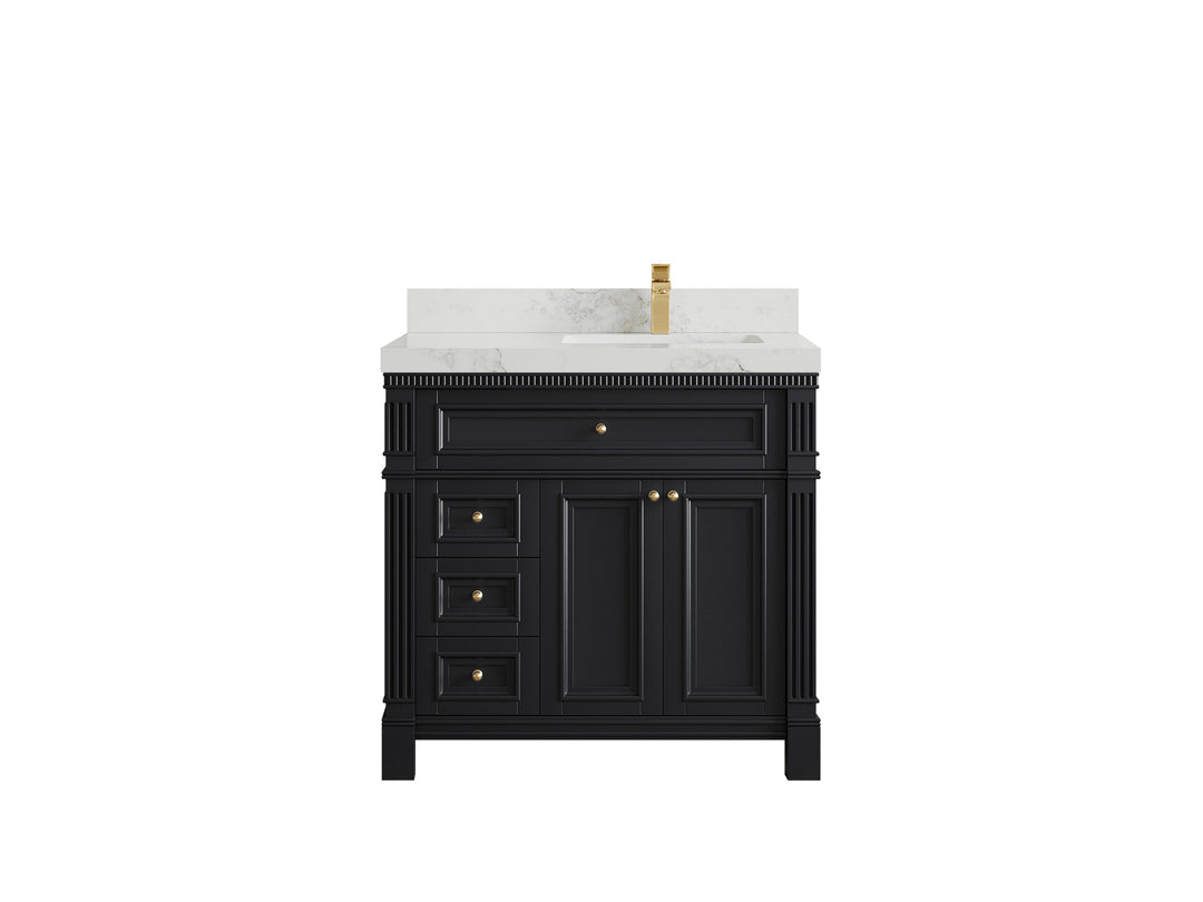 Paris 36 in. W x 22 in. D Right  Offset Sink Bathroom Vanity in Black   with 2 in Calacatta Nuvo Quartz Countertop