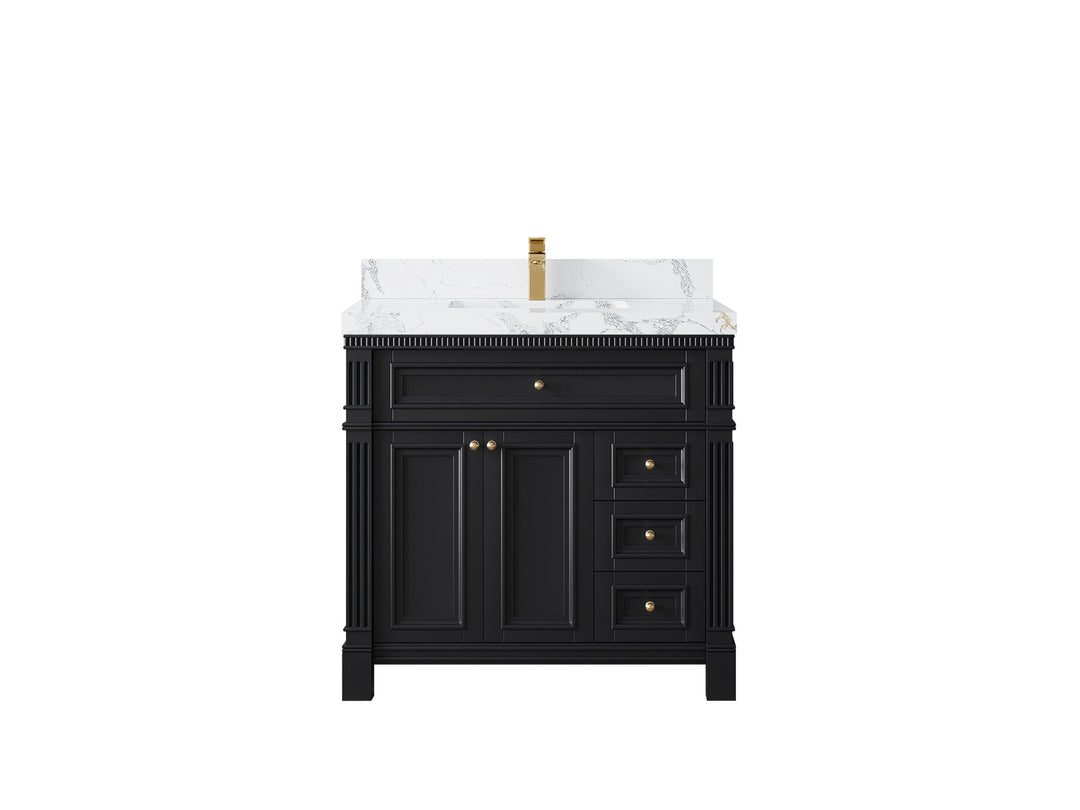 Paris 36 in. W x 22 in. D Center Sink Bathroom Vanity in Black with 2 in Poanazzo Quartz Countertop