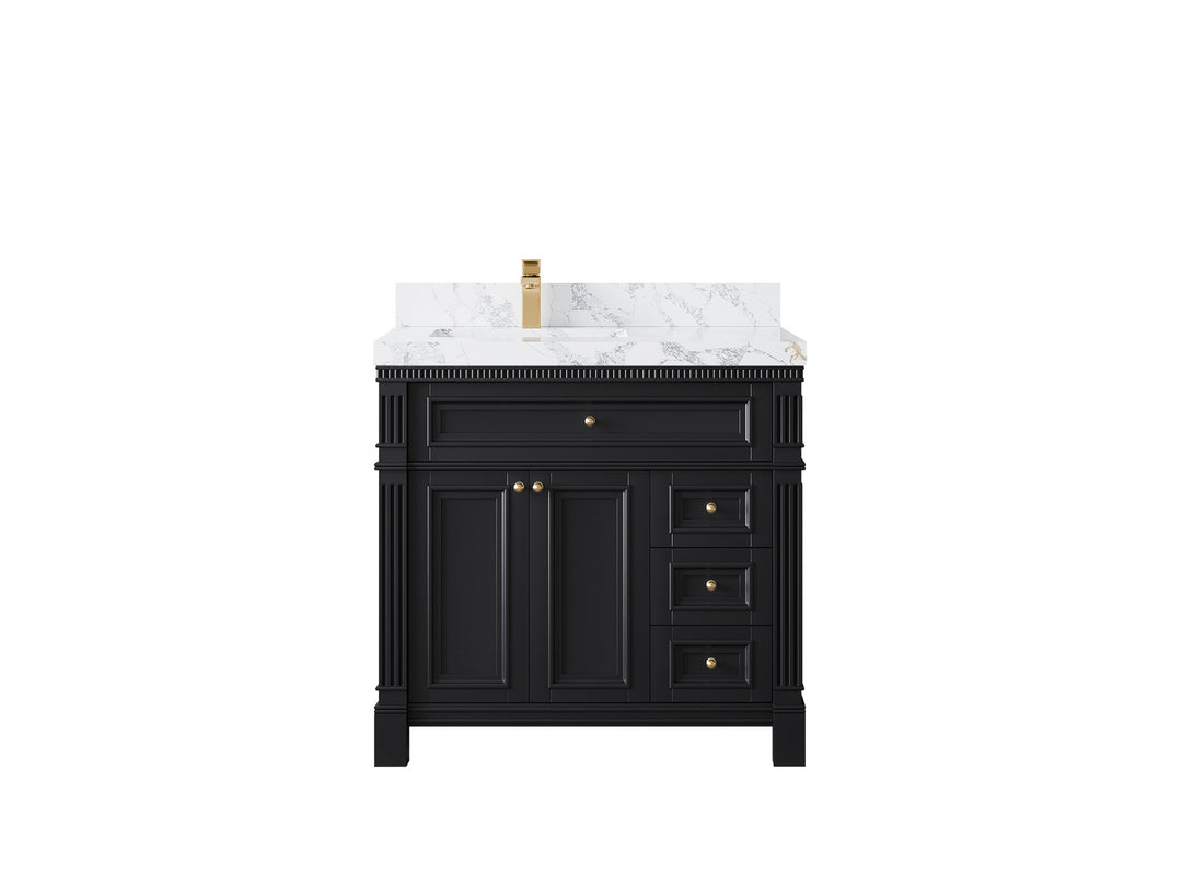 Paris 36 in. W x 22 in. D Left Offset Sink Bathroom Vanity in Black with 2 in Poanazzo Quartz Countertop