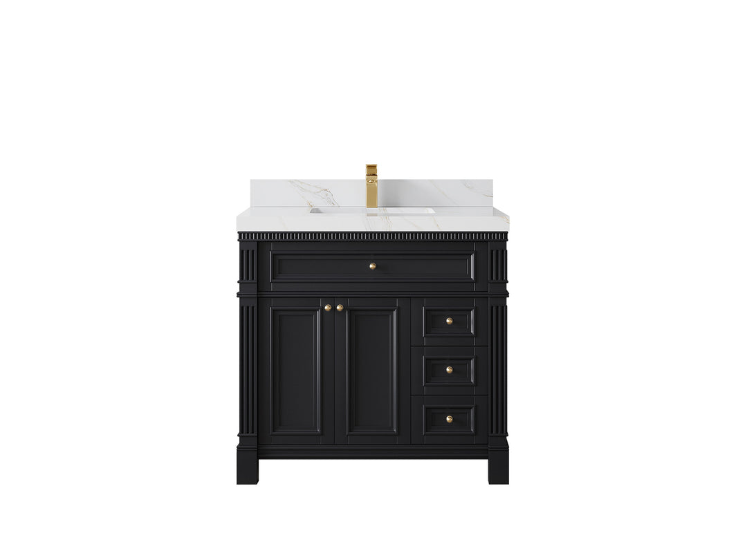 Paris 36 in. W x 22 in. D  Center  Sink Bathroom Vanity in Black with 2 in Calacatta Sienna Quartz Countertop