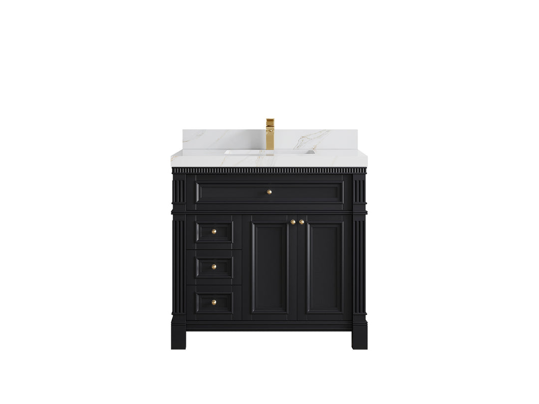 Paris 36 in. W x 22 in. D  Center  Sink Bathroom Vanity in Black with 2 in Calacatta Sienna Quartz Countertop