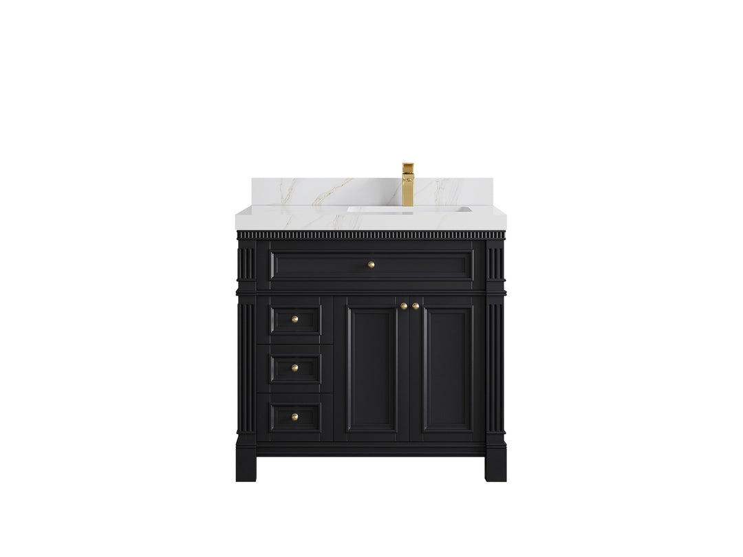 Paris 36 in. W x 22 in. D  Right  Offset  Sink Bathroom Vanity in Black   with 2 in Calacatta Sienna Quartz Countertop