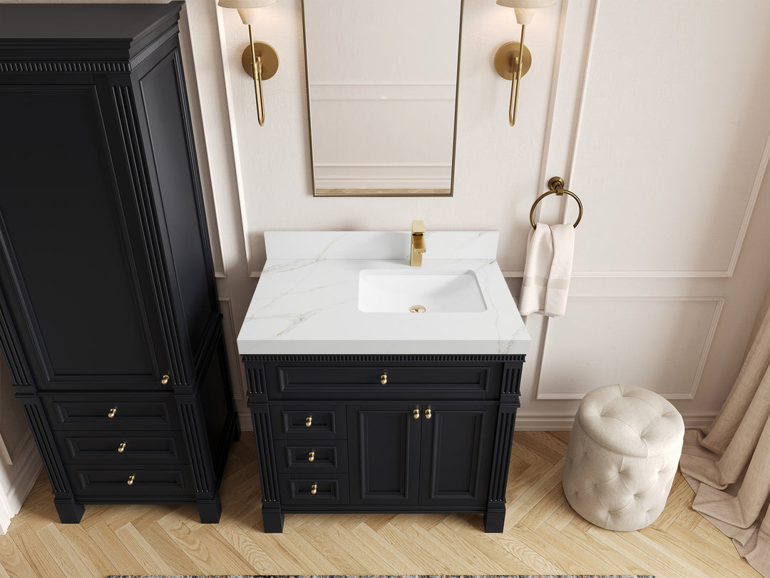 Paris 36 in. W x 22 in. D  Right  Offset  Sink Bathroom Vanity in Black   with 2 in Calacatta Sienna Quartz Countertop – Top View