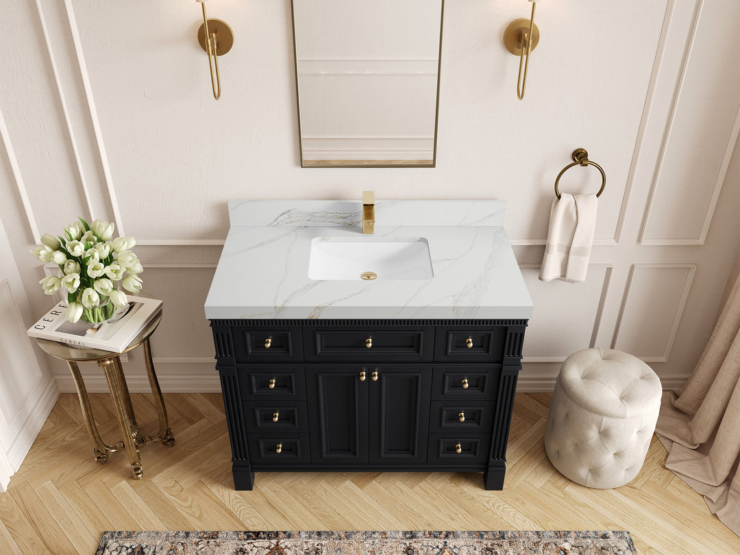 Paris 42 in. W x 22 in. D  Single  Sink Bathroom Vanity in Black with 2 in Calacatta Sienna Quartz Countertop – Top View