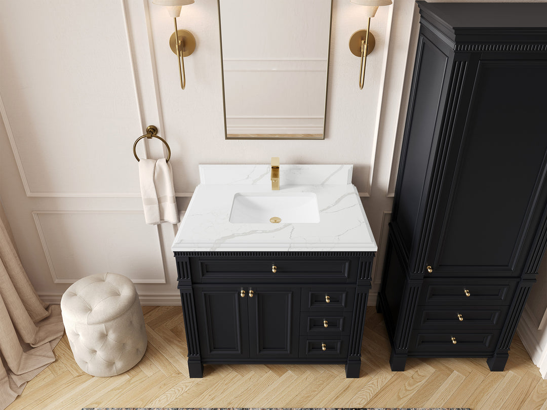 Paris 36 in. W x 22 in. D Center Sink Bathroom Vanity in Black with 1.5 in Calacatta Laza Quartz Countertop – Top View