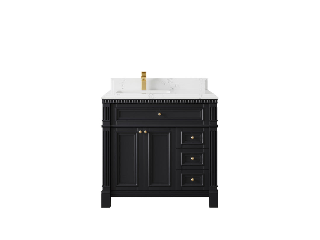 Paris 36 in. W x 22 in. D Left Offset Sink Bathroom Vanity in Black with 1.5 in Empira White Quartz Countertop