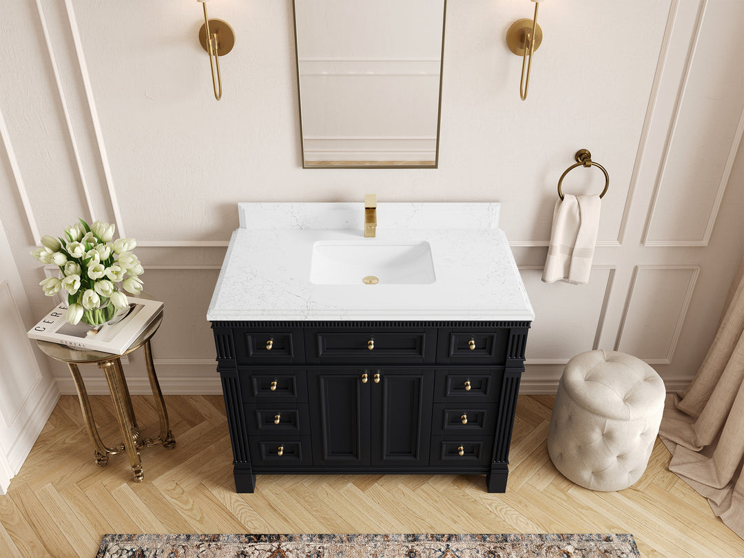 Paris 42 in. W x 22 in. D Single Sink Bathroom Vanity in Black with 1.5 in Empira White Quartz Countertop – Top View