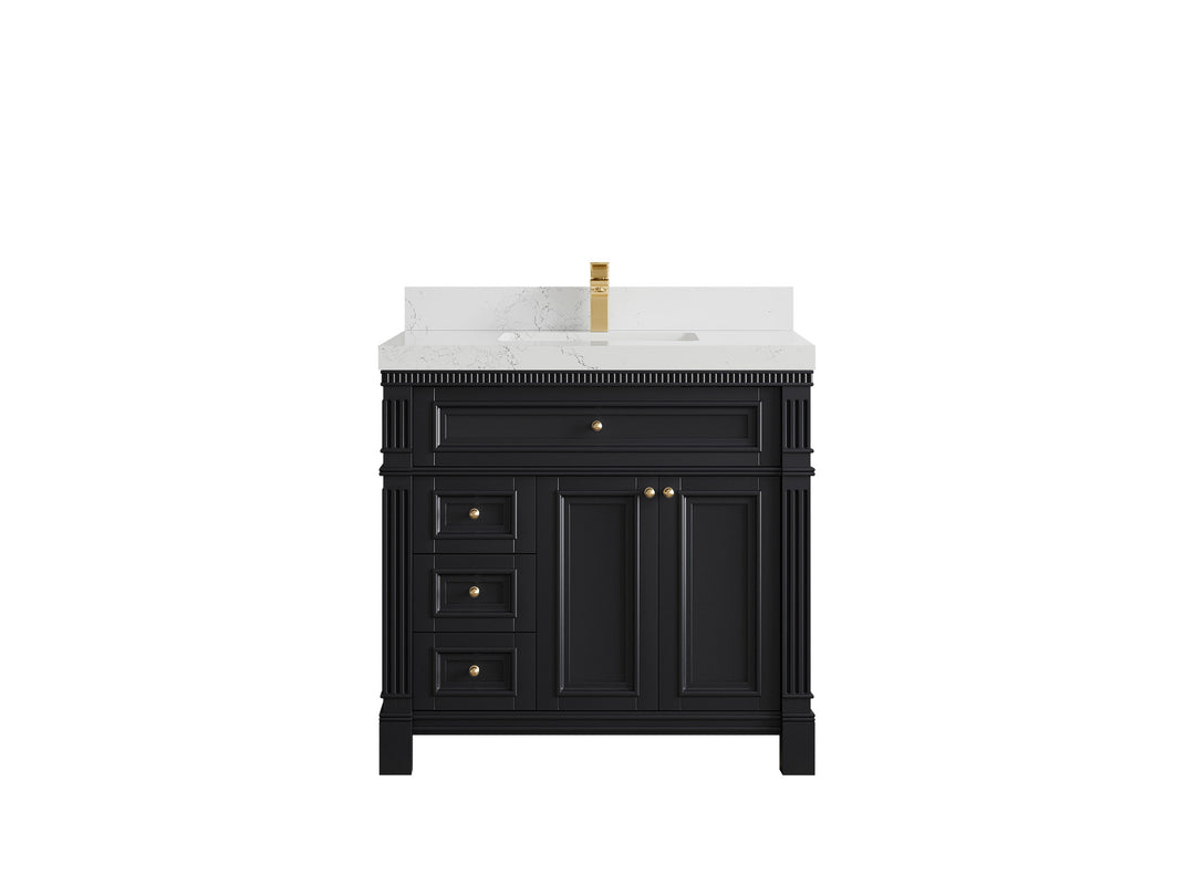 Paris 36 in. W x 22 in. D Center Sink Bathroom Vanity in Black with 2 in Empira White Quartz Countertop