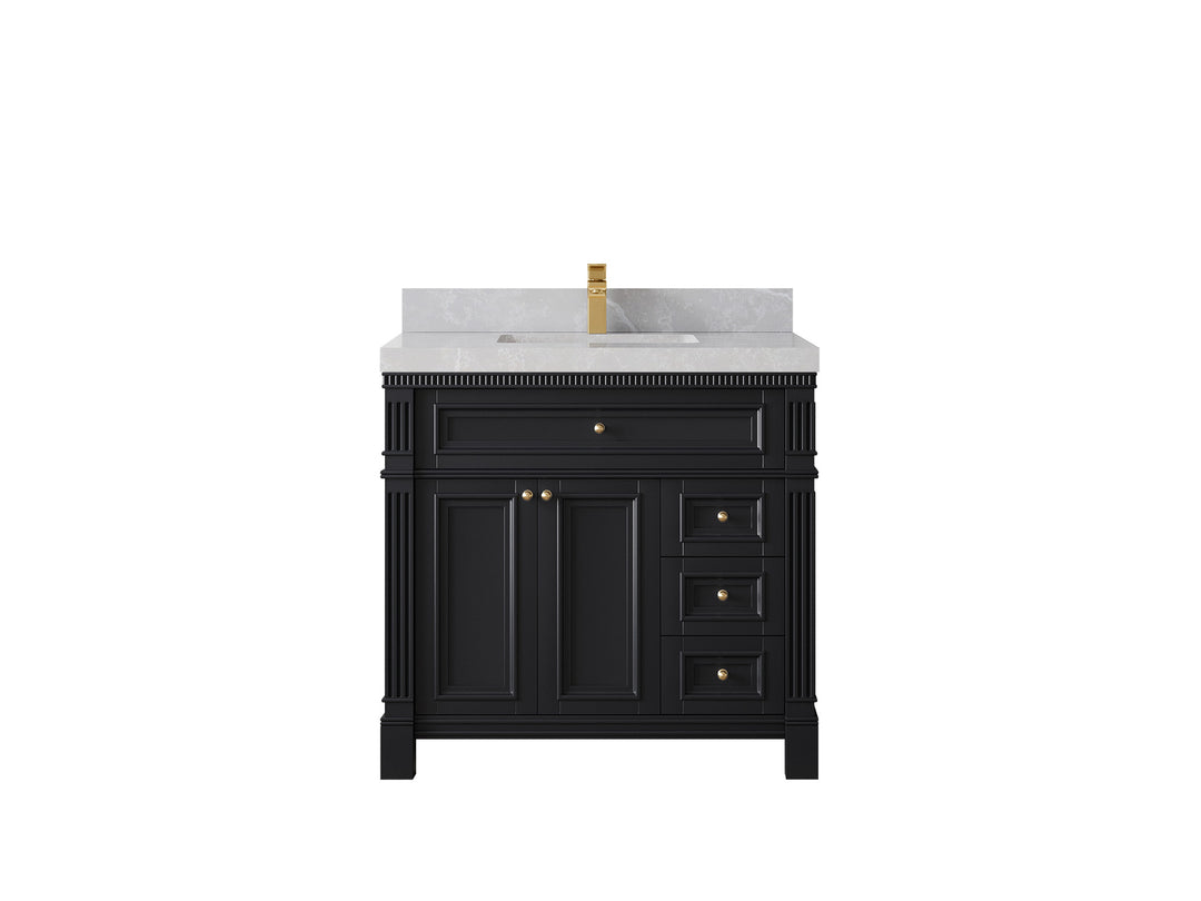 Paris 36 in. W x 22 in. D Center Sink Bathroom Vanity in Black with 2 in Pearl Light Gray Quartz Countertop