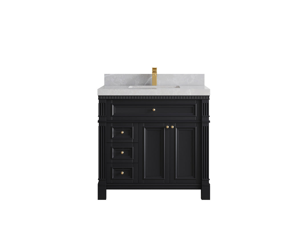Paris 36 in. W x 22 in. D Center Sink Bathroom Vanity in Black with 2 in Pearl Light Gray Quartz Countertop