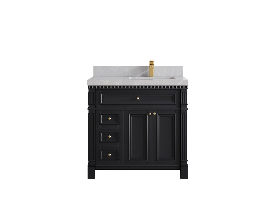 Paris 36 in. W x 22 in. D Right  Offset Sink Bathroom Vanity in Black   with 2 in Pearl Light Gray Quartz Countertop