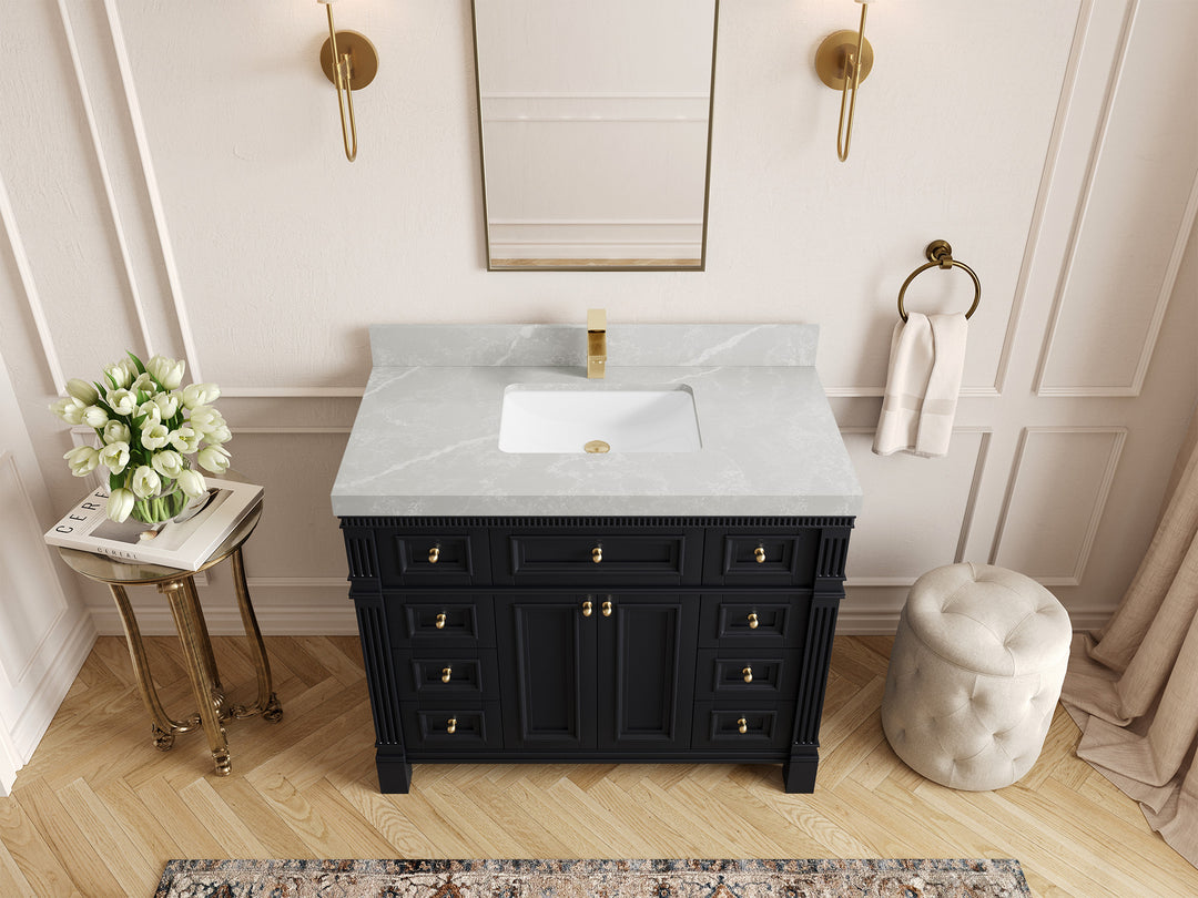 Paris 42 in. W x 22 in. D Single Sink Bathroom Vanity in Black with 2 in Pearl Light Gray Quartz Countertop – Top View