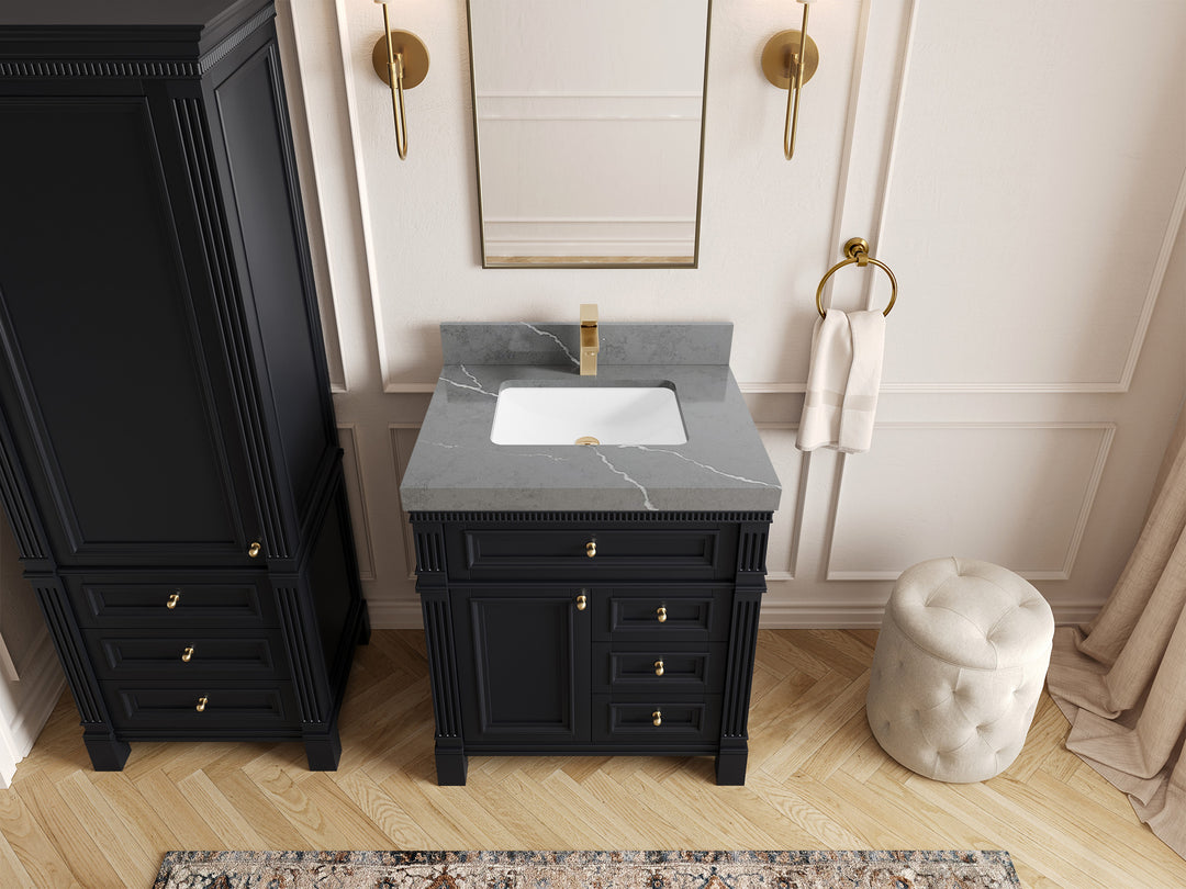 Paris 30 in. W x 22 in. D Single Sink Bathroom Vanity in Black  with 2 in Piatra Gray Quartz Countertop – Top View