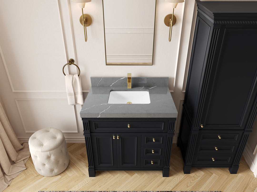 Paris 36 in. W x 22 in. D Center Sink Bathroom Vanity in Black with 2 in Piatra Gray Quartz Countertop – Top View