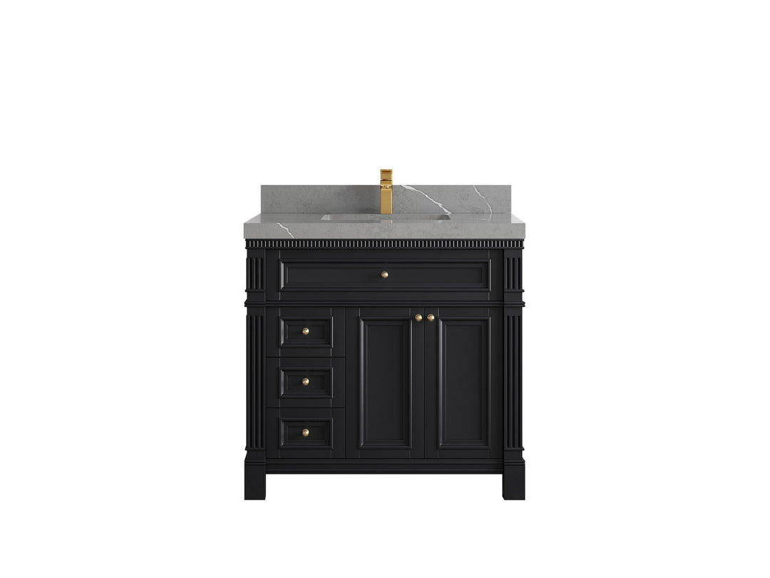 Paris 36 in. W x 22 in. D Center Sink Bathroom Vanity in Black with 2 in Piatra Gray Quartz Countertop