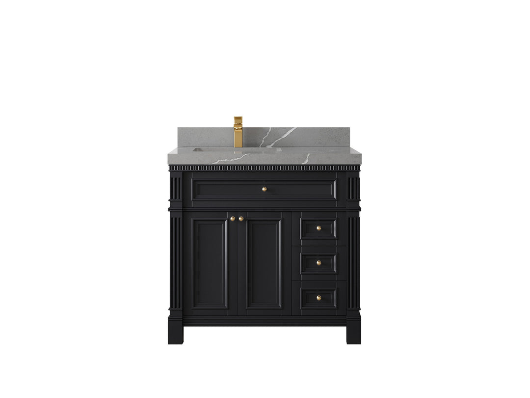 Paris 36 in. W x 22 in. D Left Offset Sink Bathroom Vanity in Black with 2 in Piatra Gray Quartz Countertop