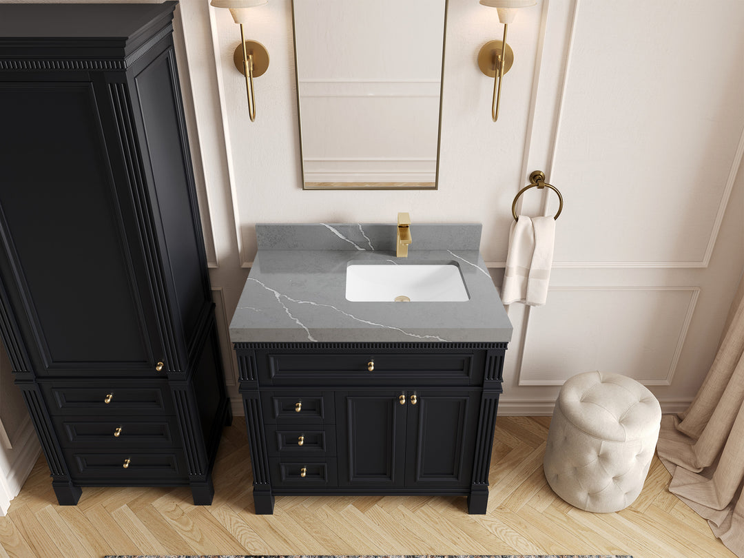 Paris 36 in. W x 22 in. D Right  Offset Sink Bathroom Vanity in Black   with 2 in Piatra Gray Quartz Countertop – Top View