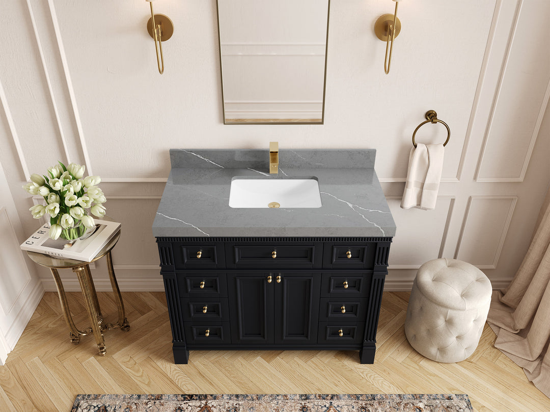 Paris 42 in. W x 22 in. D Single Sink Bathroom Vanity in Black with 2 in Piatra Gray Quartz Countertop – Top View