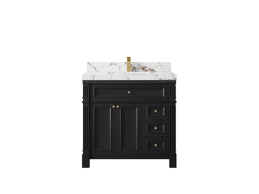 Paris 36 in. W x 22 in. D Center Sink Bathroom Vanity in Black with 2 in Viola Brown Quartz Countertop