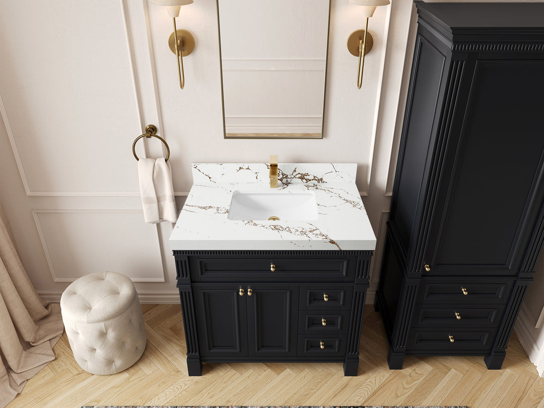Paris 36 in. W x 22 in. D Center Sink Bathroom Vanity in Black with 2 in Viola Brown Quartz Countertop – Top View