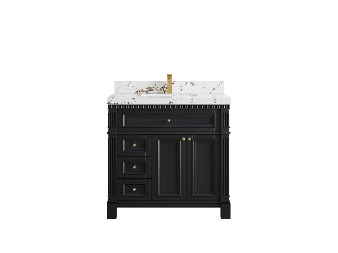 Paris 36 in. W x 22 in. D Center Sink Bathroom Vanity in Black with 2 in Viola Brown Quartz Countertop
