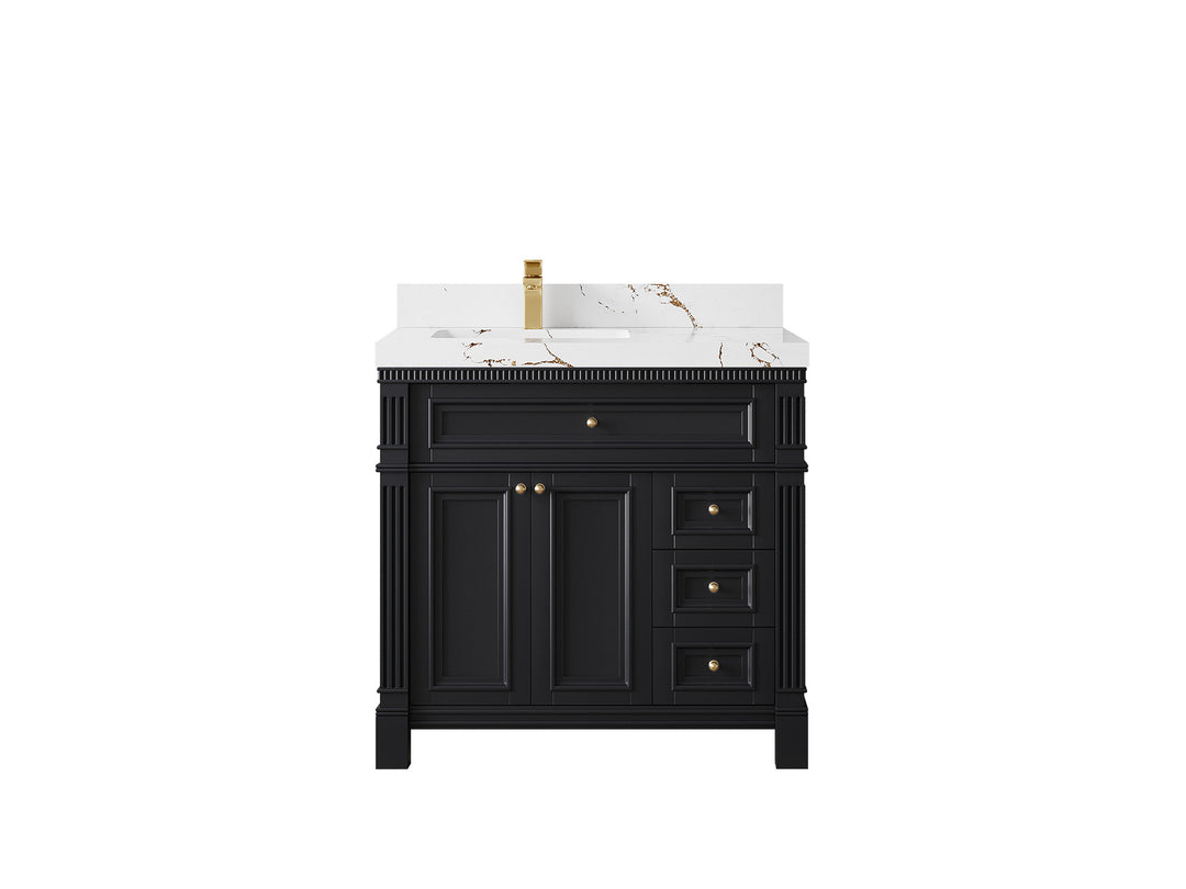 Paris 36 in. W x 22 in. D Left Offset Sink Bathroom Vanity in Black with 2 in Viola Brown Quartz Countertop