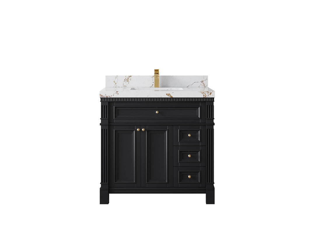 Paris 36 in. W x 22 in. D Center Sink Bathroom Vanity in Black with 2 in Viola Gold Quartz Countertop