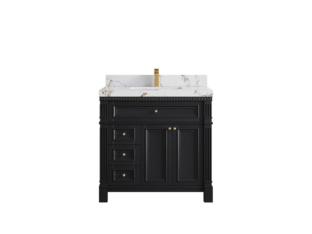 Paris 36 in. W x 22 in. D Center Sink Bathroom Vanity in Black with 2 in Viola Gold Quartz Countertop