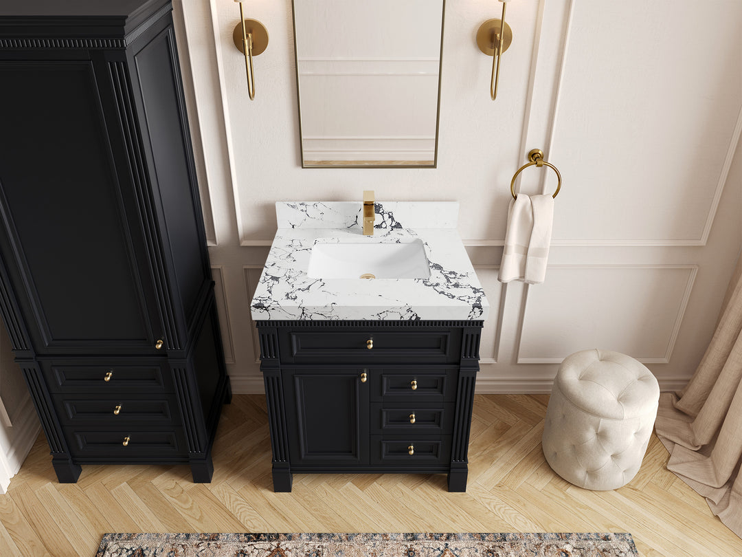 Paris 30 in. W x 22 in. D Single Sink Bathroom Vanity in Black  with 2 in Viola Night Quartz Countertop – Top View
