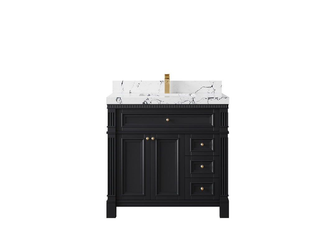 Paris 36 in. W x 22 in. D Center Sink Bathroom Vanity in Black with 2 in Viola Night Quartz Countertop