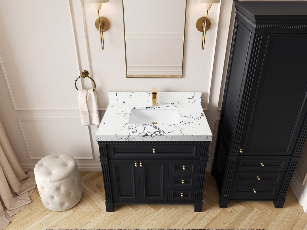 Paris 36 in. W x 22 in. D Center Sink Bathroom Vanity in Black with 2 in Viola Night Quartz Countertop – Top View