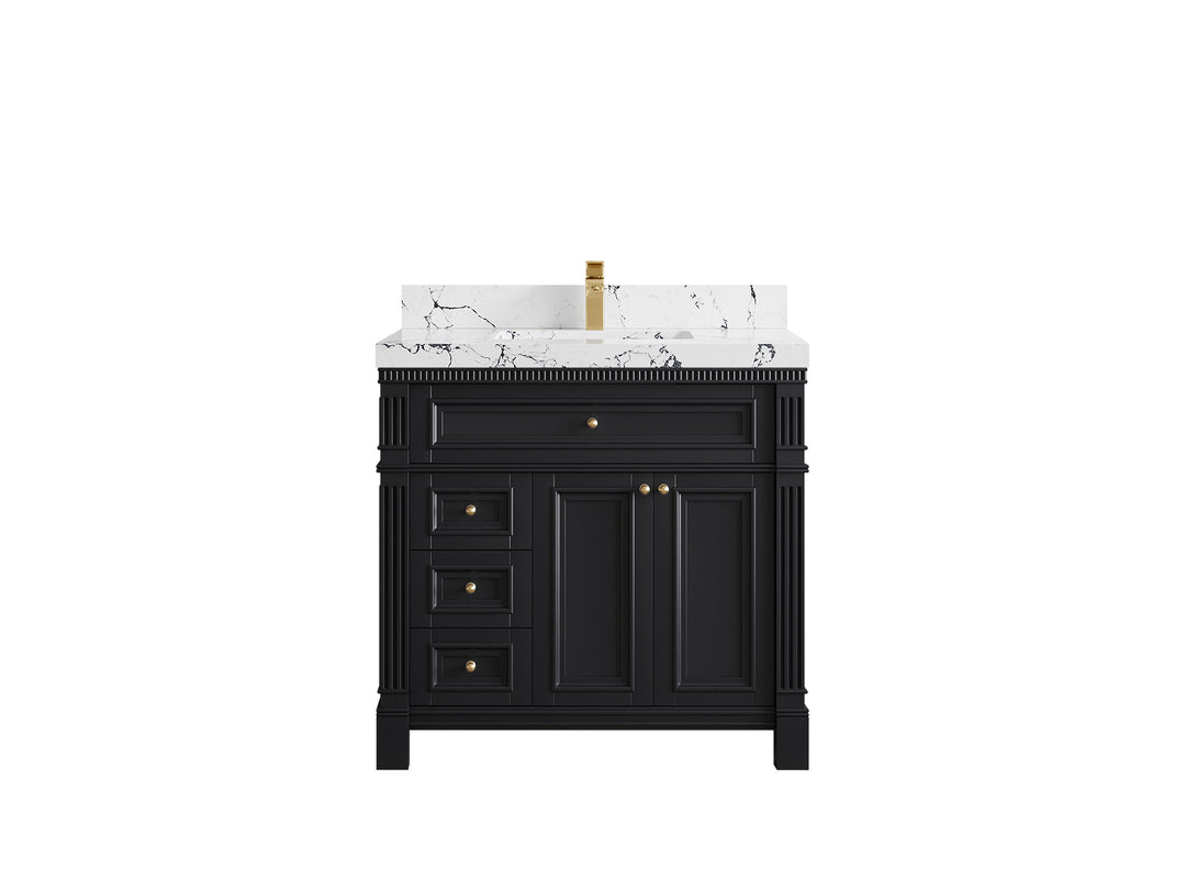 Paris 36 in. W x 22 in. D Center Sink Bathroom Vanity in Black with 2 in Viola Night Quartz Countertop