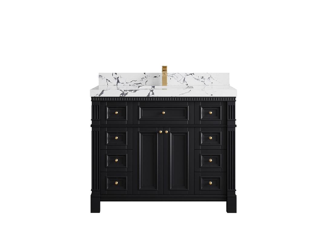 Paris 42 in. W x 22 in. D Single Sink Bathroom Vanity in Black with 2 in Viola Night Quartz Countertop