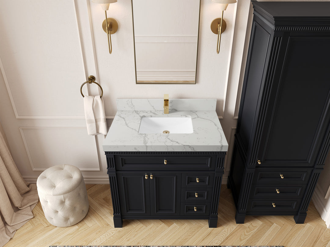Paris 36 in. W x 22 in. D Center Sink Bathroom Vanity in Black with 2 in Venatino Quartz Countertop – Top View