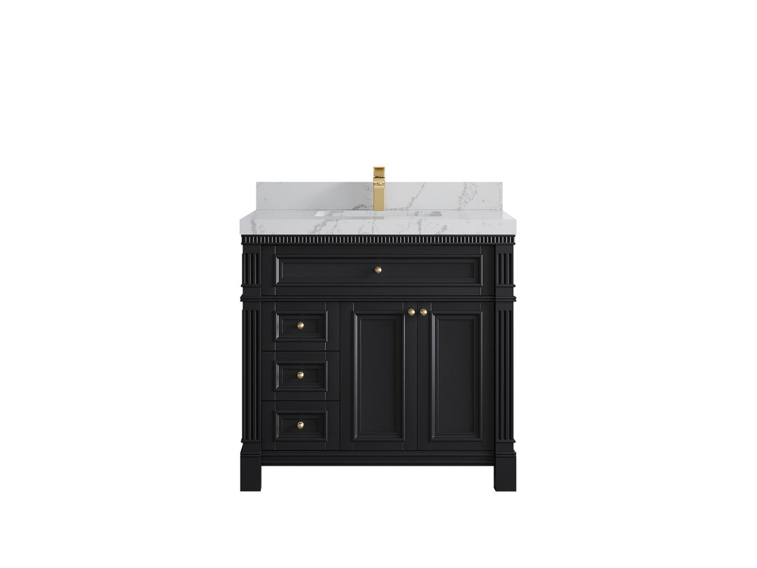 Paris 36 in. W x 22 in. D Center Sink Bathroom Vanity in Black with 2 in Venatino Quartz Countertop