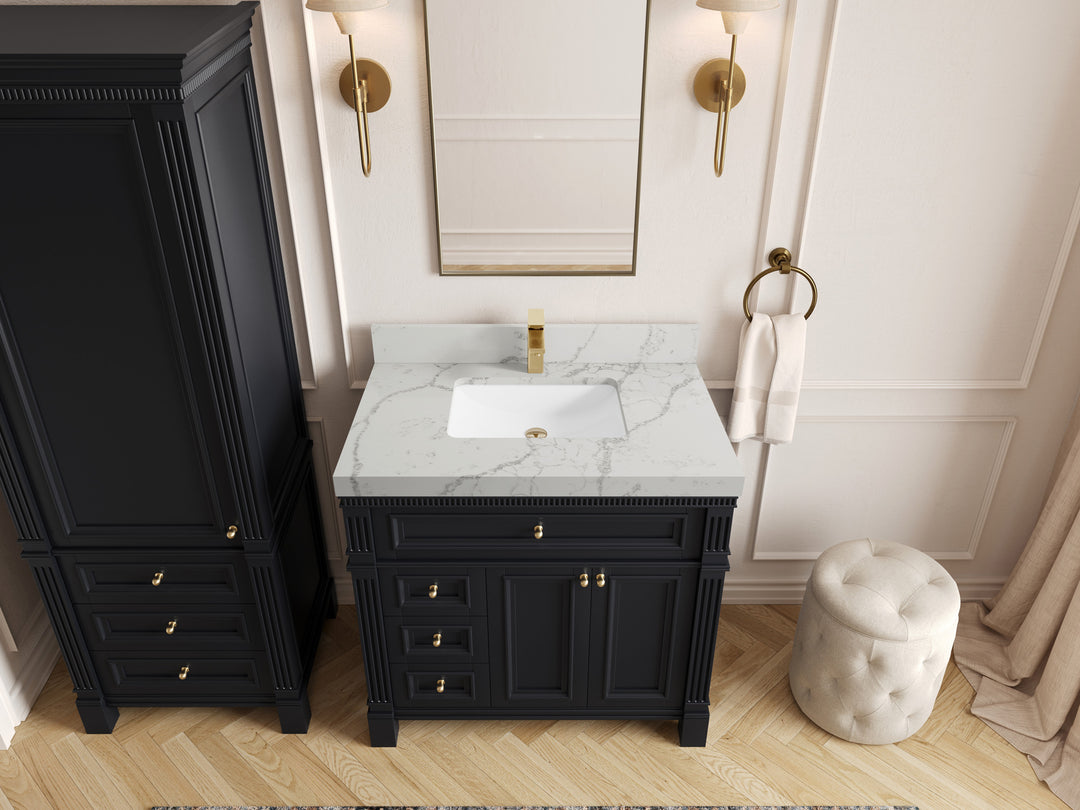 Paris 36 in. W x 22 in. D Center Sink Bathroom Vanity in Black with 2 in Venatino Quartz Countertop – Top View