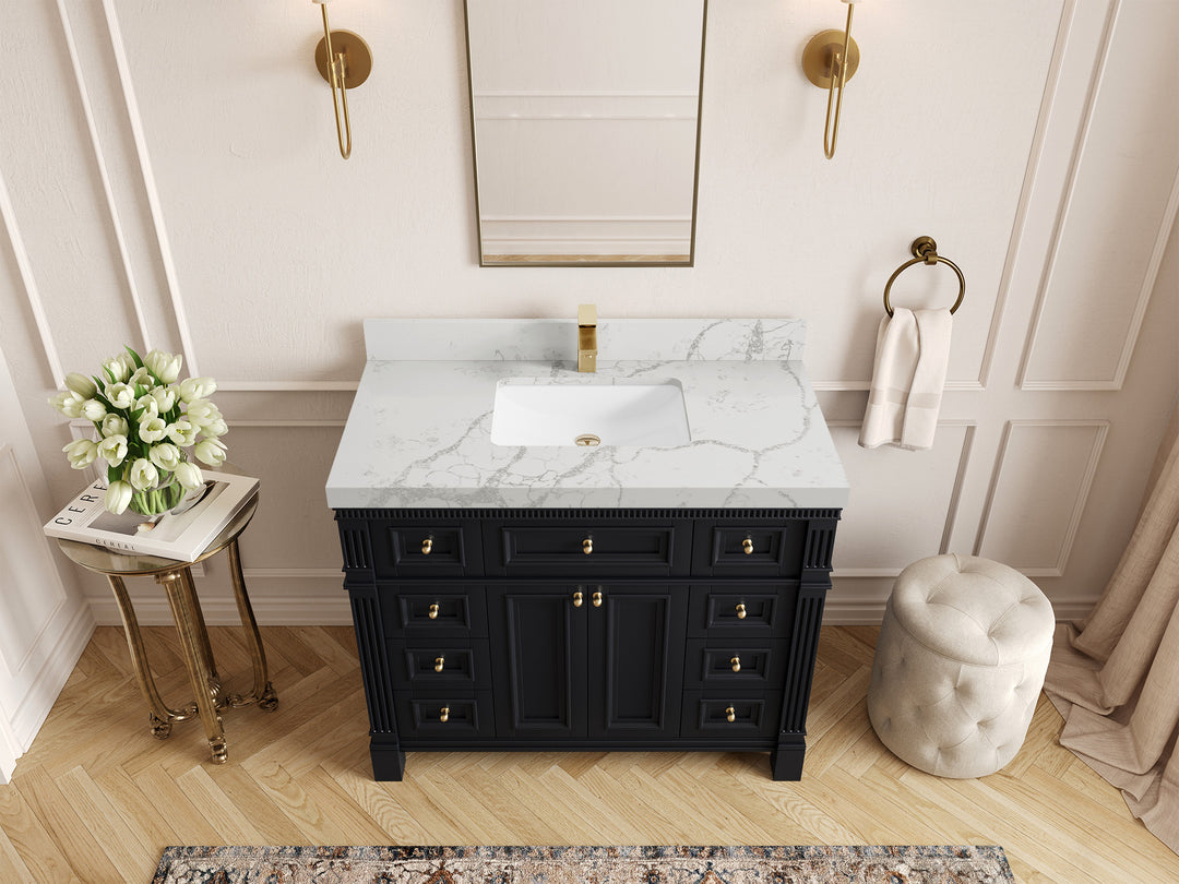 Paris 42 in. W x 22 in. D Single Sink Bathroom Vanity in Black with 2 in Venatino Quartz Countertop – Top View