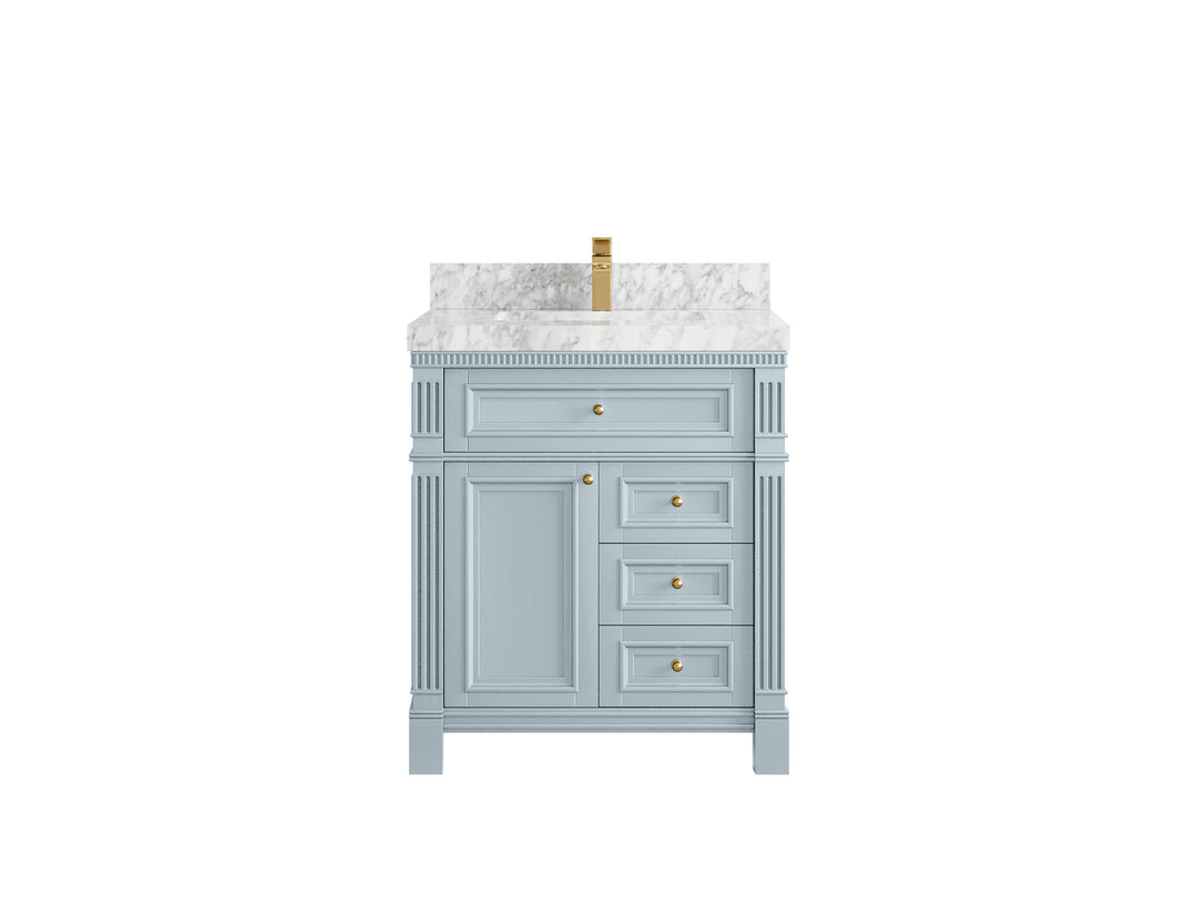 Paris  30 in. W x 22 in. D Single Sink Bathroom Vanity in Blue Heather with 2 in Carrara Marble Countertop
