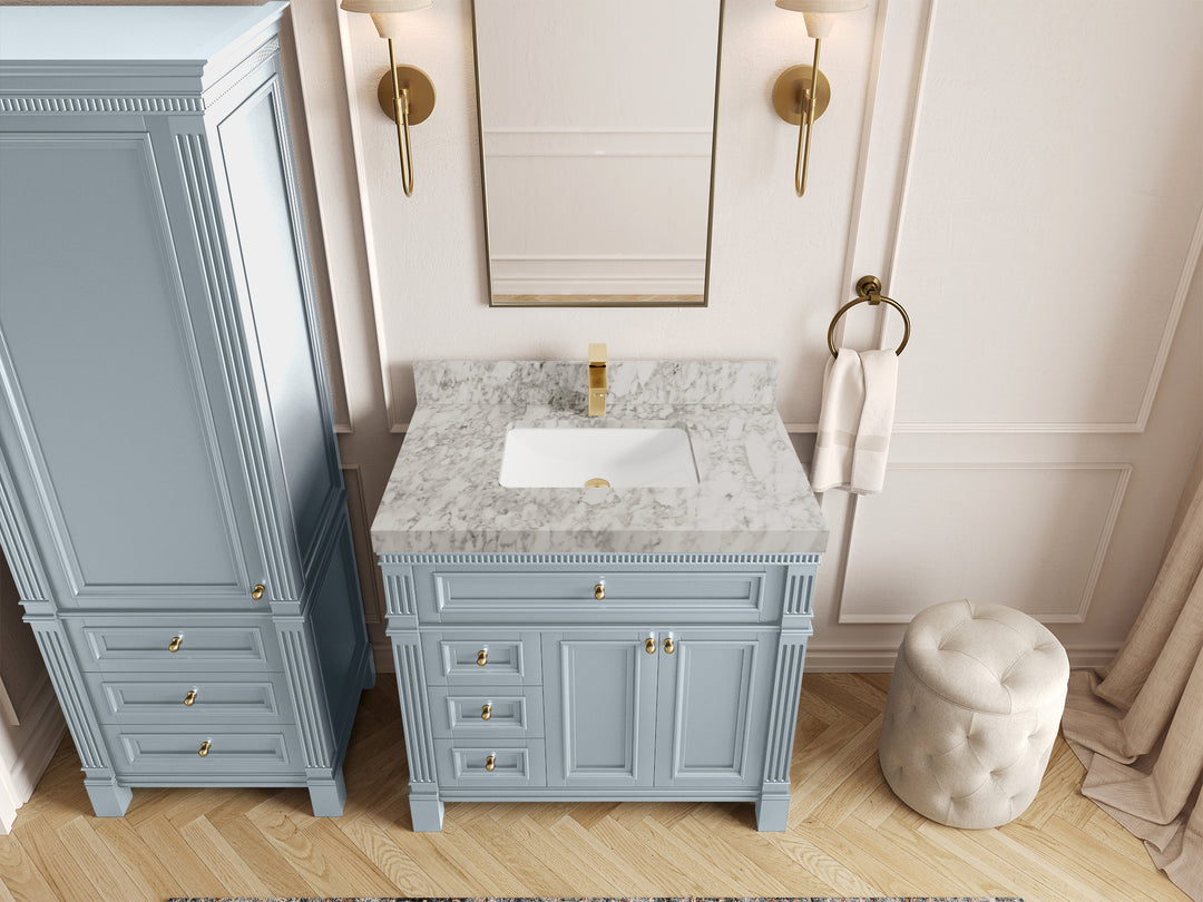Paris 36 in. W x 22 in. D Center Sink Bathroom Vanity in Blue Heather  with 2 in Carrara Marble Countertop – Top View