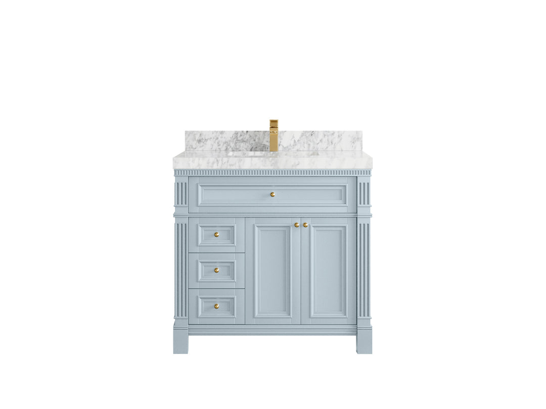 Paris 36 in. W x 22 in. D Center Sink Bathroom Vanity in Blue Heather  with 2 in Carrara Marble Countertop
